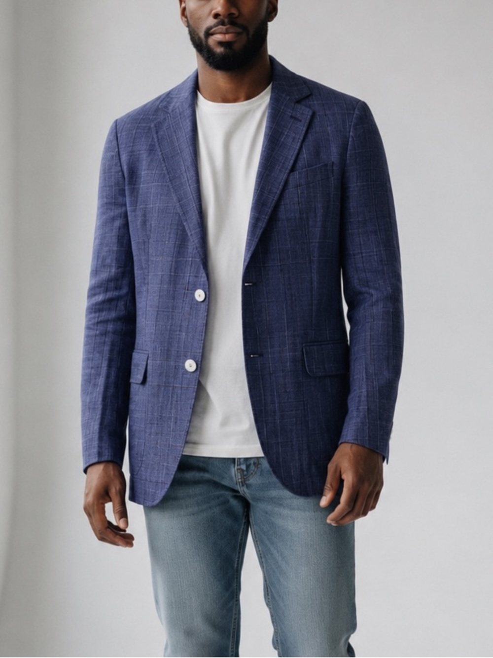Silbon Men’s Blue Plaid 100% Linen Blazer Jacket EU44/US S Made in Spain